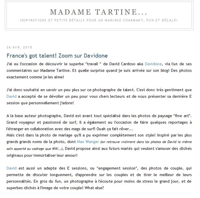 Le photographe Davidone présenté sur le blog mariage "Madame Tartine"